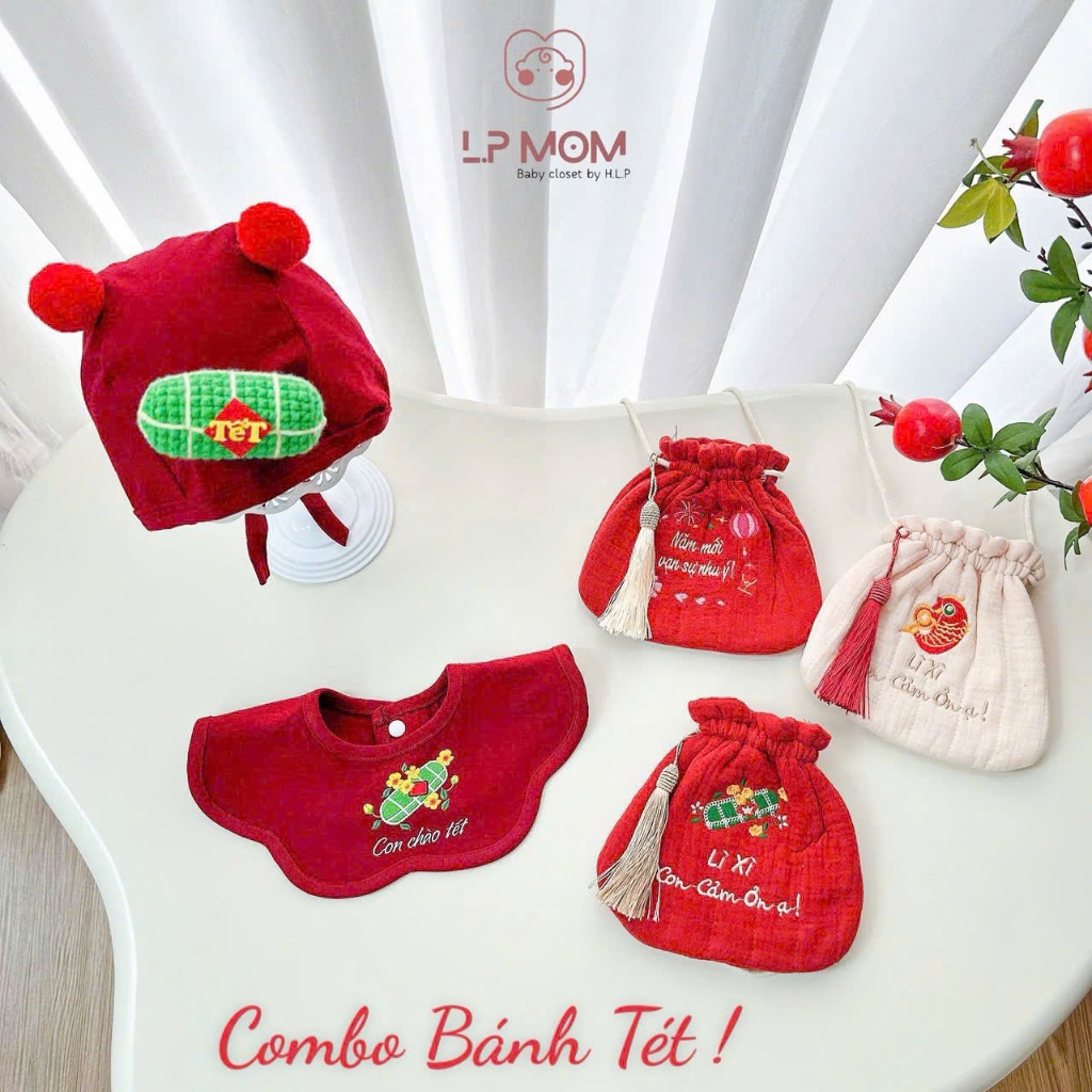 Combo 3 món Mũ -Yếm -túi lì xì con cảm ơn dịp TẾT cho bé 0-2 tuổi cotton mềm mại