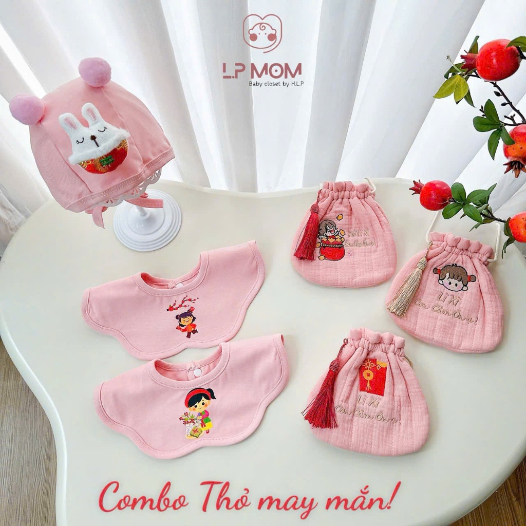 Combo 3 món Mũ -Yếm -túi lì xì con cảm ơn dịp TẾT cho bé 0-2 tuổi cotton mềm mại
