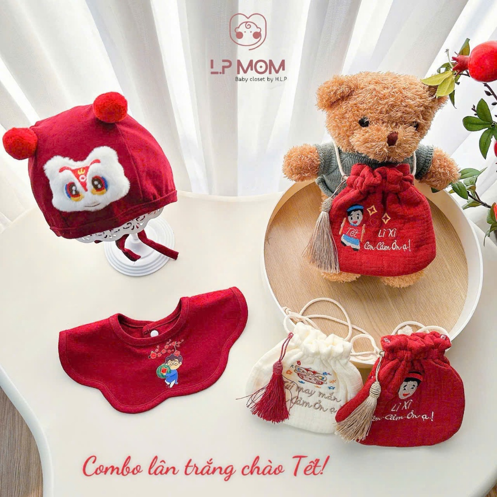 Combo 3 món Mũ -Yếm -túi lì xì con cảm ơn dịp TẾT cho bé 0-2 tuổi cotton mềm mại