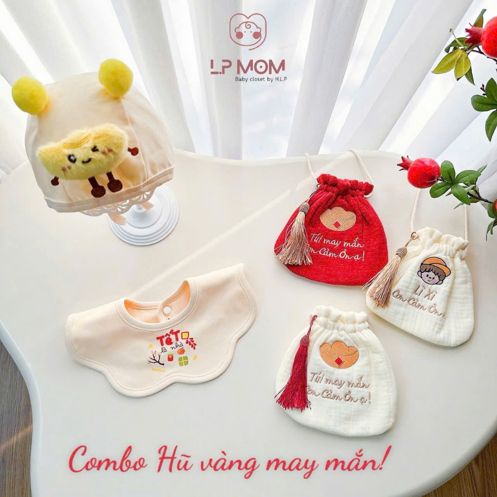 Combo 3 món Mũ -Yếm -túi lì xì con cảm ơn dịp TẾT cho bé 0-2 tuổi cotton mềm mại