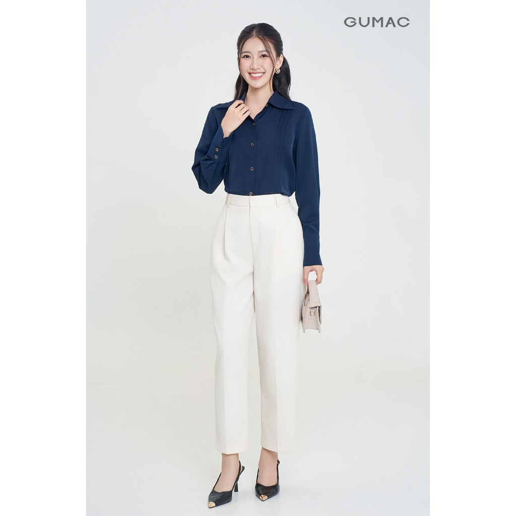 Áo Sơ Mi Nữ GUMAC Tay Dài Chiết Ly Lá Cổ Nhọn Vải Lụa Mềm Mát Công Sở AF03007