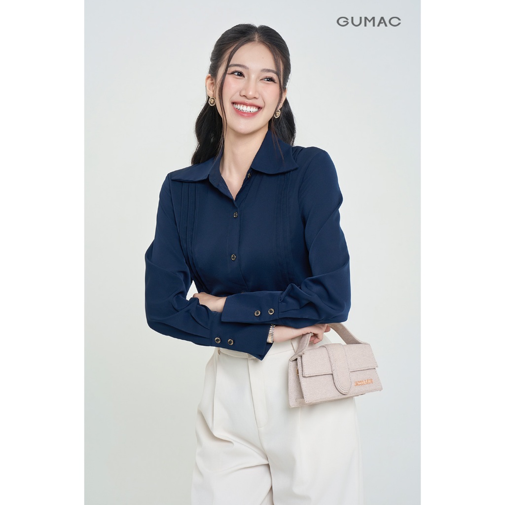 Áo Sơ Mi Nữ GUMAC Tay Dài Chiết Ly Lá Cổ Nhọn Vải Lụa Mềm Mát Công Sở AF03007