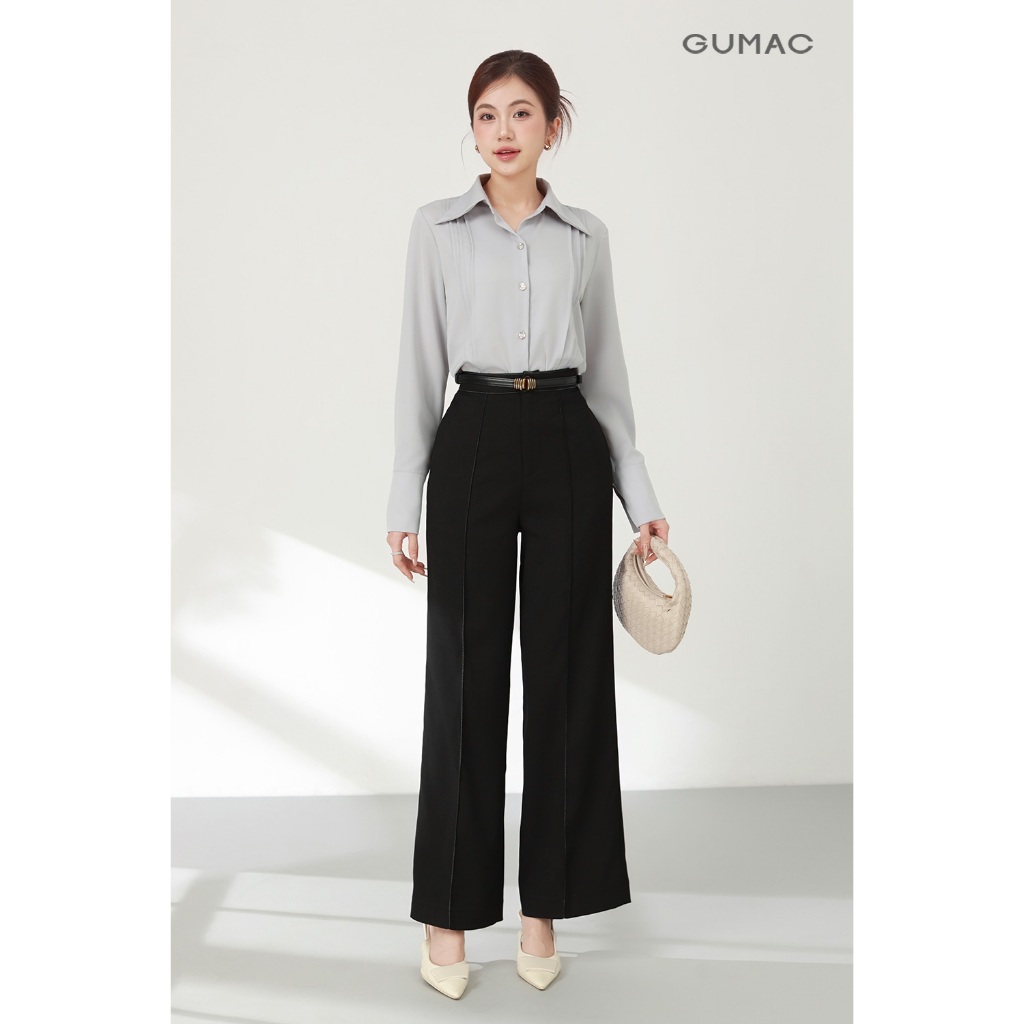 Áo Sơ Mi Nữ GUMAC Tay Dài Chiết Ly Lá Cổ Nhọn Vải Lụa Mềm Mát Công Sở AF03007