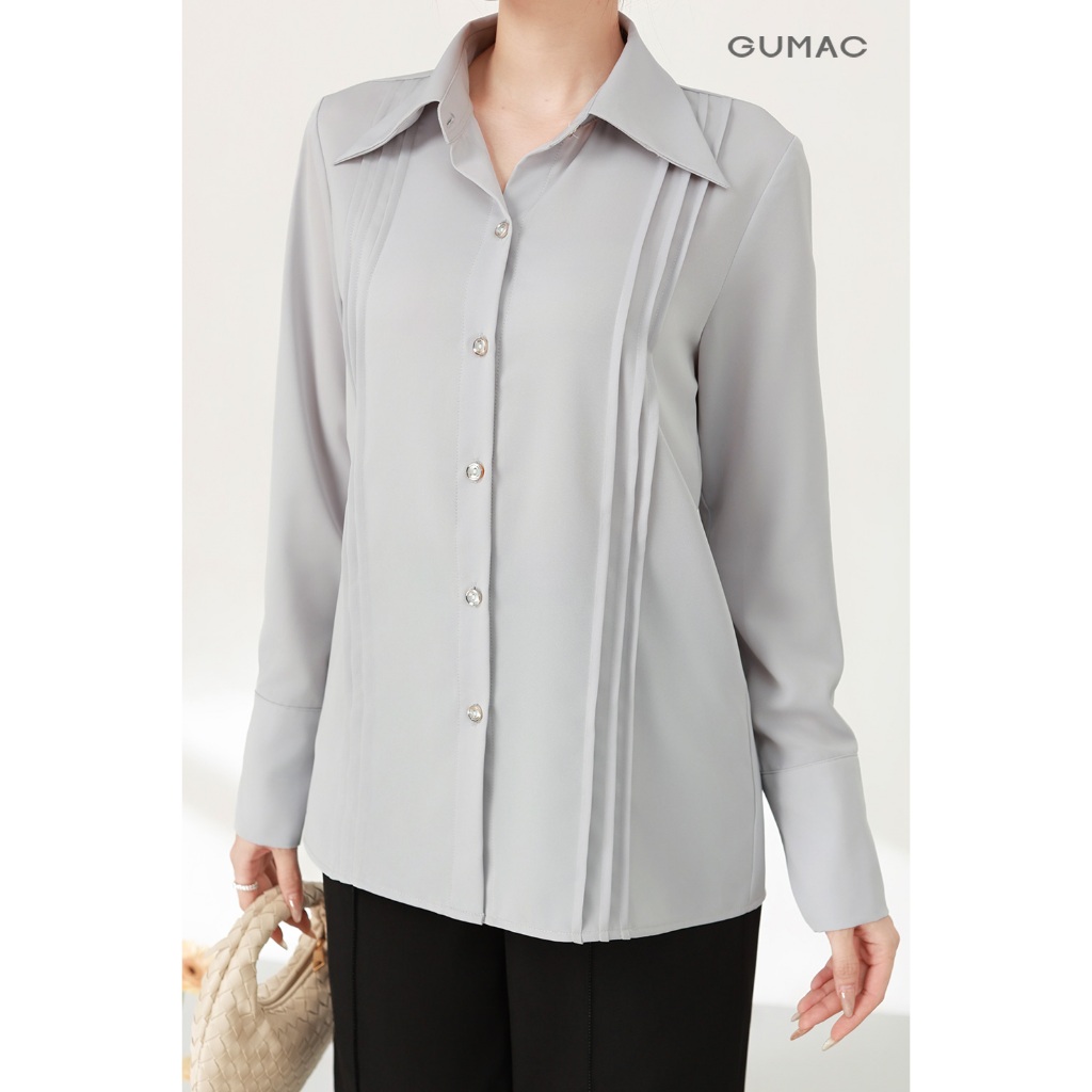 Áo Sơ Mi Nữ GUMAC Tay Dài Chiết Ly Lá Cổ Nhọn Vải Lụa Mềm Mát Công Sở AF03007