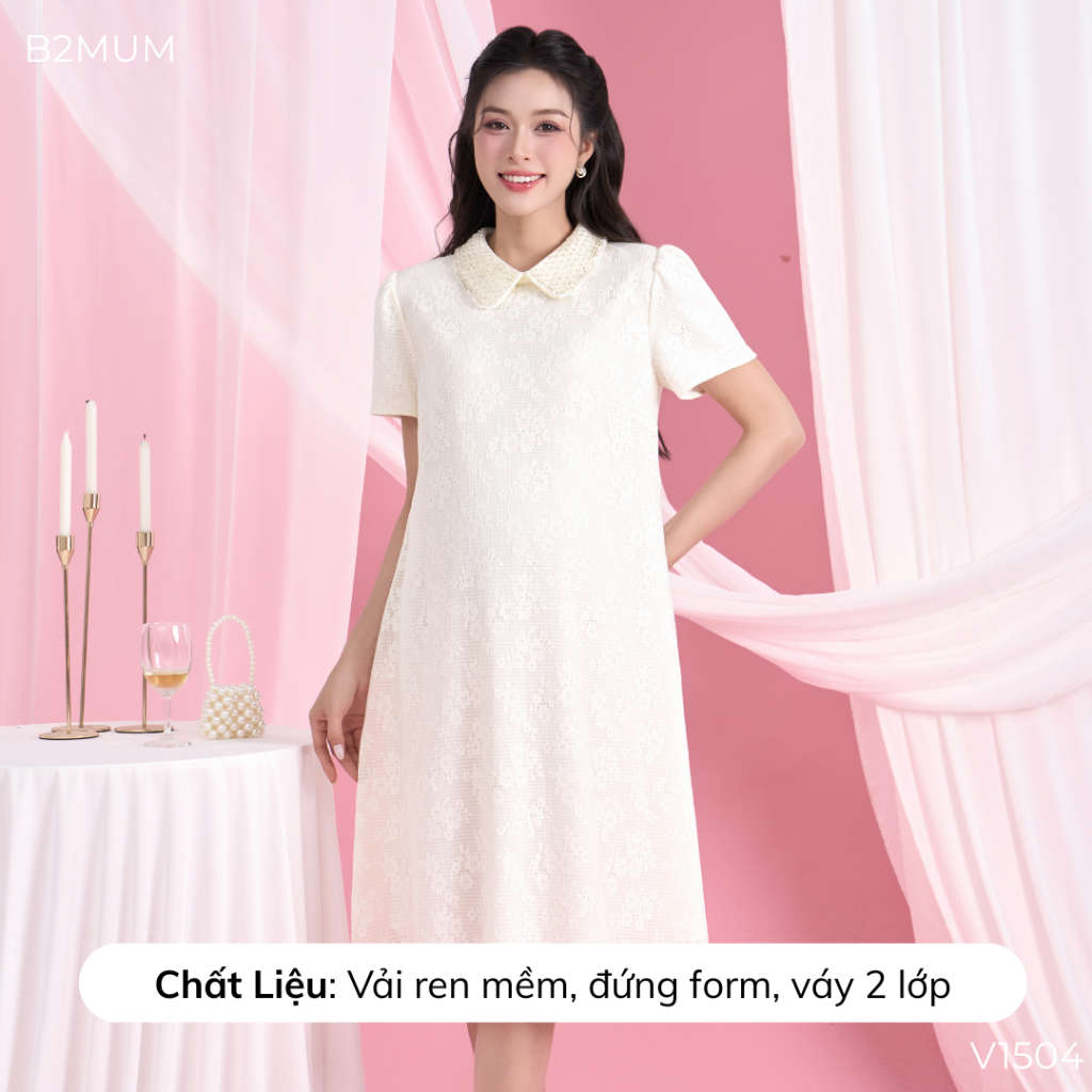 Váy Bầu Ren Trắng Kem Cổ Cách Điệu Thanh Lịch Dáng Suông, Mặc Đi Chơi, Đi Tiệc, Lễ Tết V1504 By B2MUM