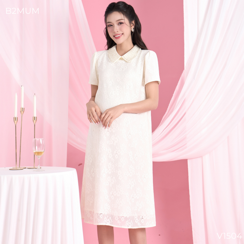 Váy Bầu Ren Trắng Kem Cổ Cách Điệu Thanh Lịch Dáng Suông, Mặc Đi Chơi, Đi Tiệc, Lễ Tết V1504 By B2MUM