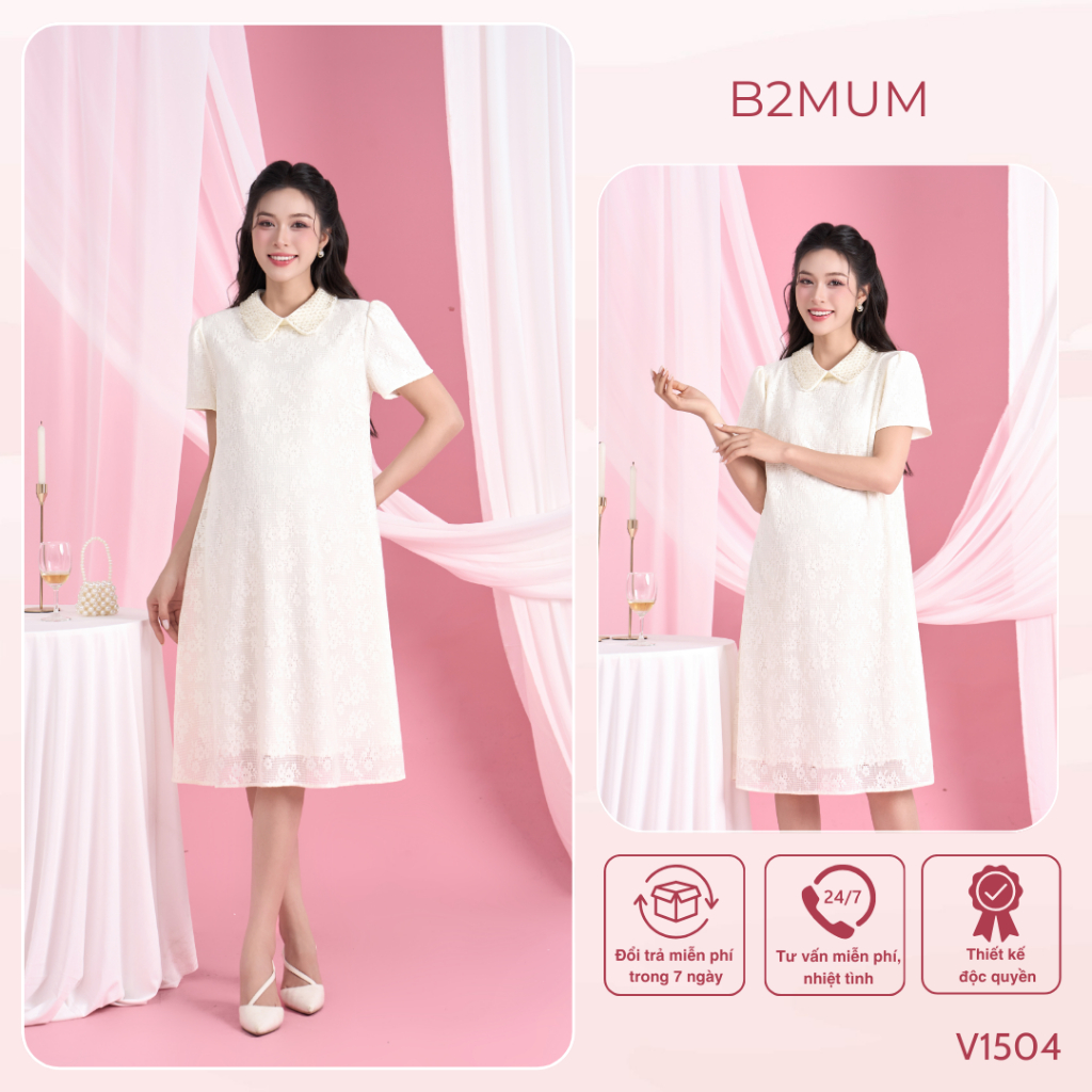 Váy Bầu Ren Trắng Kem Cổ Cách Điệu Thanh Lịch Dáng Suông, Mặc Đi Chơi, Đi Tiệc, Lễ Tết V1504 By B2MUM