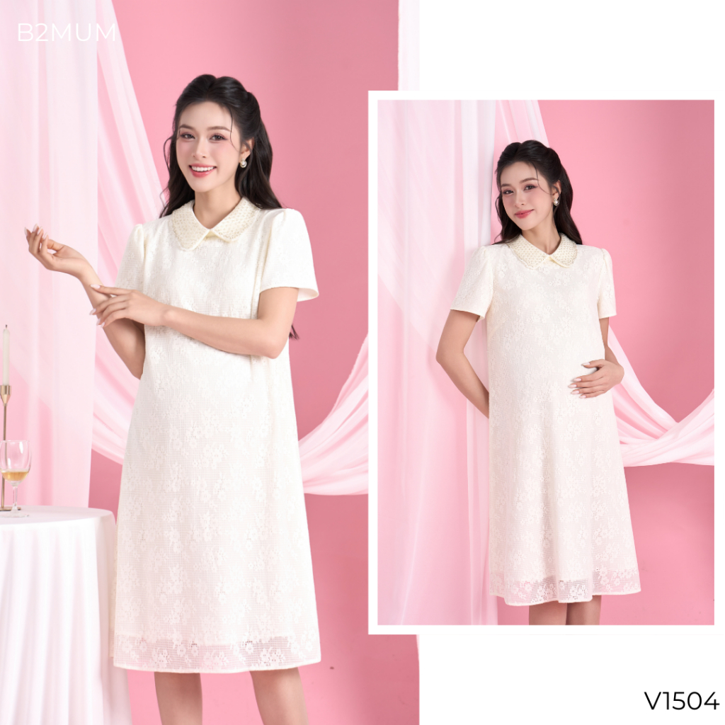 Váy Bầu Ren Trắng Kem Cổ Cách Điệu Thanh Lịch Dáng Suông, Mặc Đi Chơi, Đi Tiệc, Lễ Tết V1504 By B2MUM