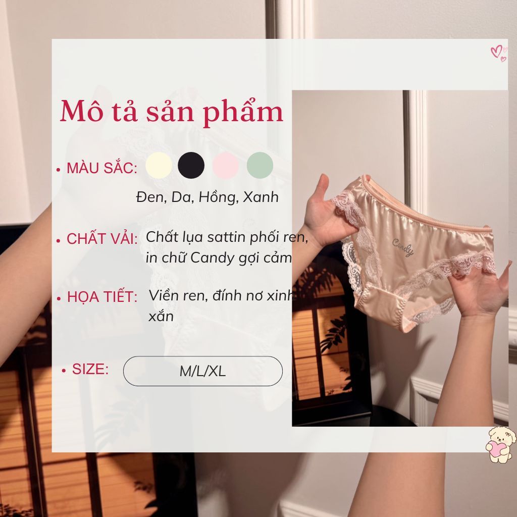 Quần lót nữ cao cấp lụa satin phối ren sang trọng quyến rũ in chữ đính đá xinh xắn sexy LANIXA L8889