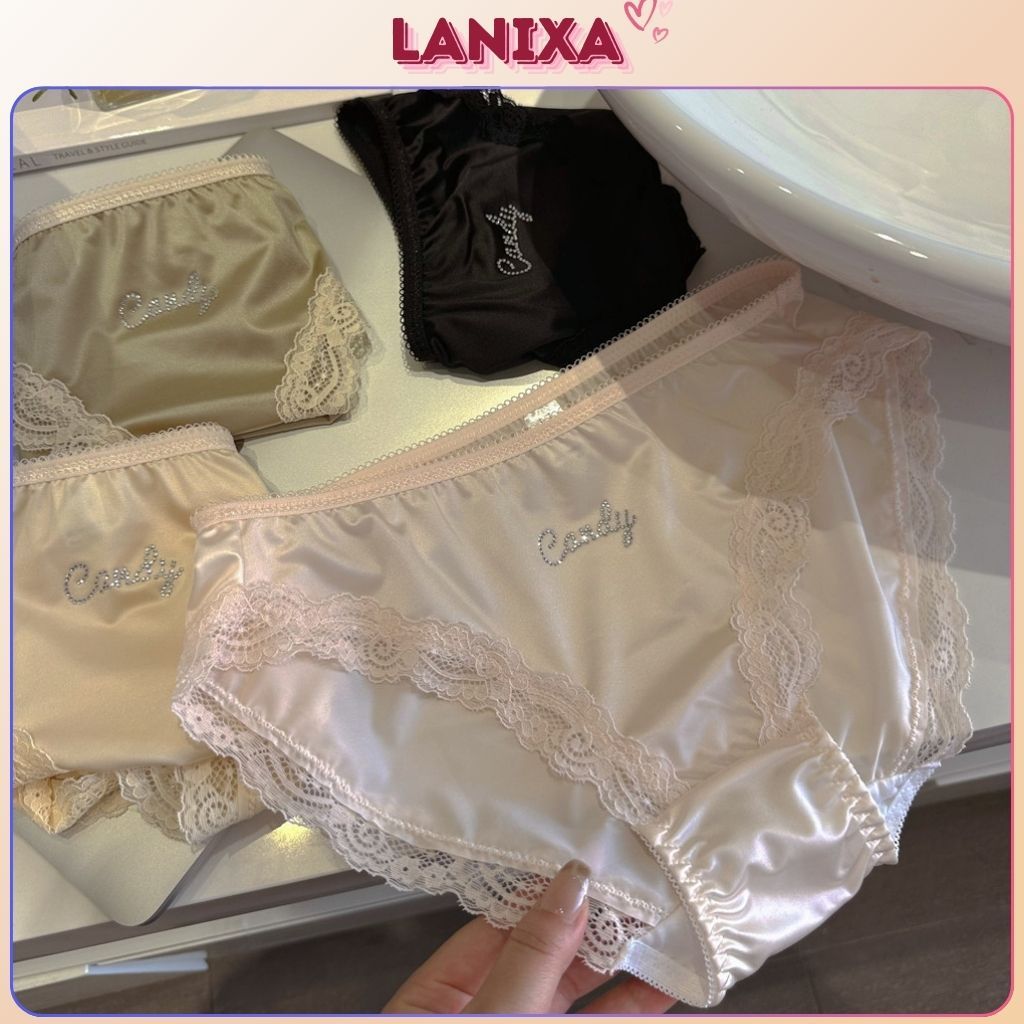 Quần lót nữ cao cấp lụa satin phối ren sang trọng quyến rũ in chữ đính đá xinh xắn sexy LANIXA L8889