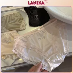 Quần lót nữ cao cấp lụa satin phối ren sang trọng quyến rũ in chữ đính đá xinh xắn sexy LANIXA L8889