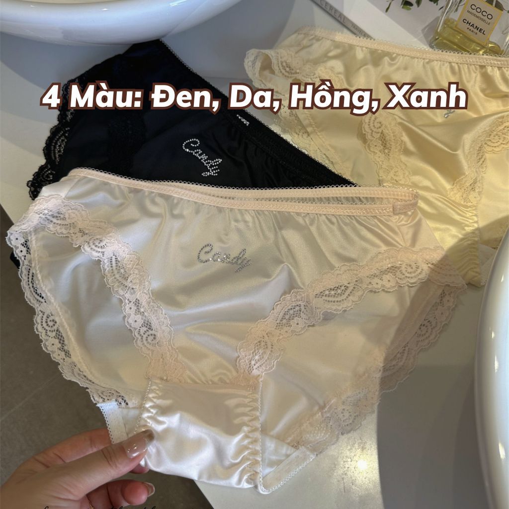 Quần lót nữ cao cấp lụa satin phối ren sang trọng quyến rũ in chữ đính đá xinh xắn sexy LANIXA L8889