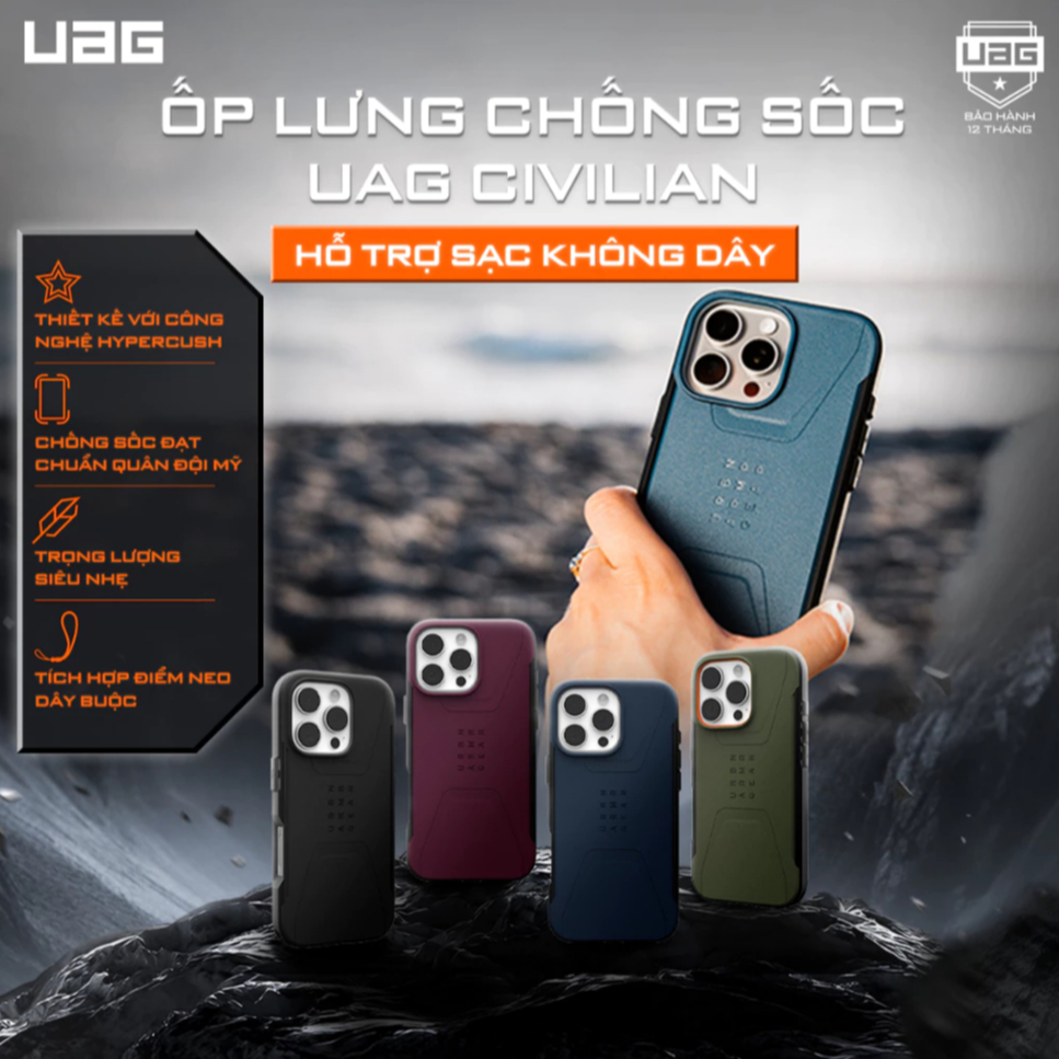 [iPhone 17/16/15 Series] Ốp lưng UAG Civilian – Siêu nhẹ, chống sốc chuẩn quân đội, tương thích sạc từ tính