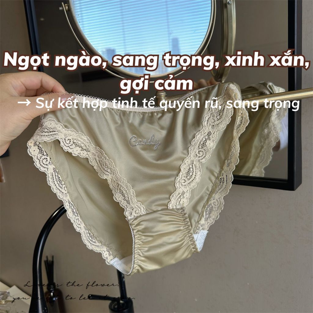 Quần lót nữ cao cấp lụa satin phối ren sang trọng quyến rũ in chữ đính đá xinh xắn sexy LANIXA L8889