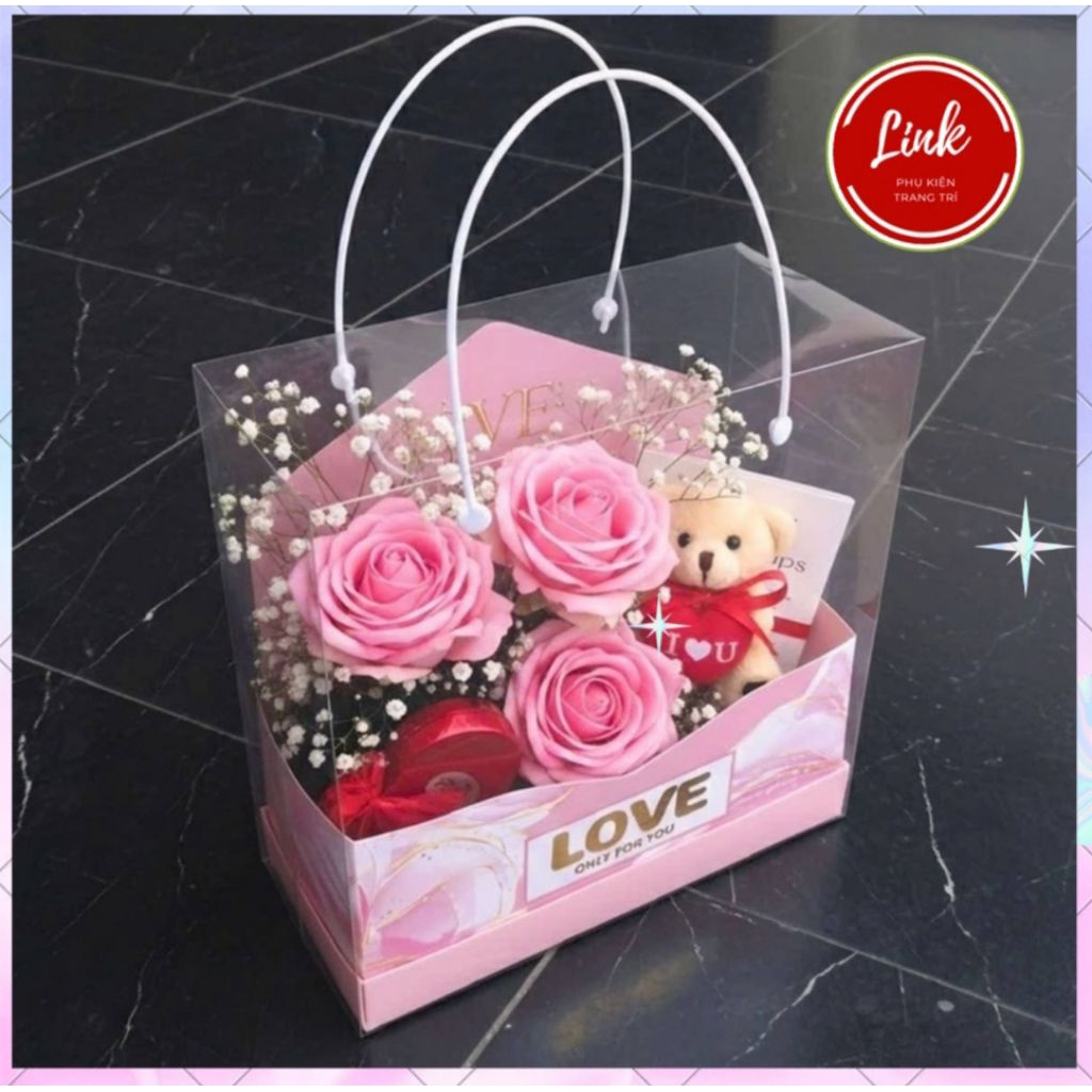 (SET 5c Mẫu hot) HỘP MICA LOVE trong suốt quai pvc trắng