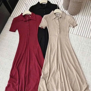 Váy Body Thun Trơn Cổ Polo Phối CúC Dáng Dài Đơn Giản Sang Chảnh Siêu Xinh