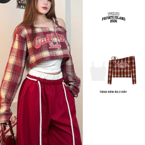 SET ÁO KAKI LỆCH VAI FORM CROP GIRLFRIENDS PHỐI DÂY TAY DÀI FORM RỘNG FFCLUB MIX