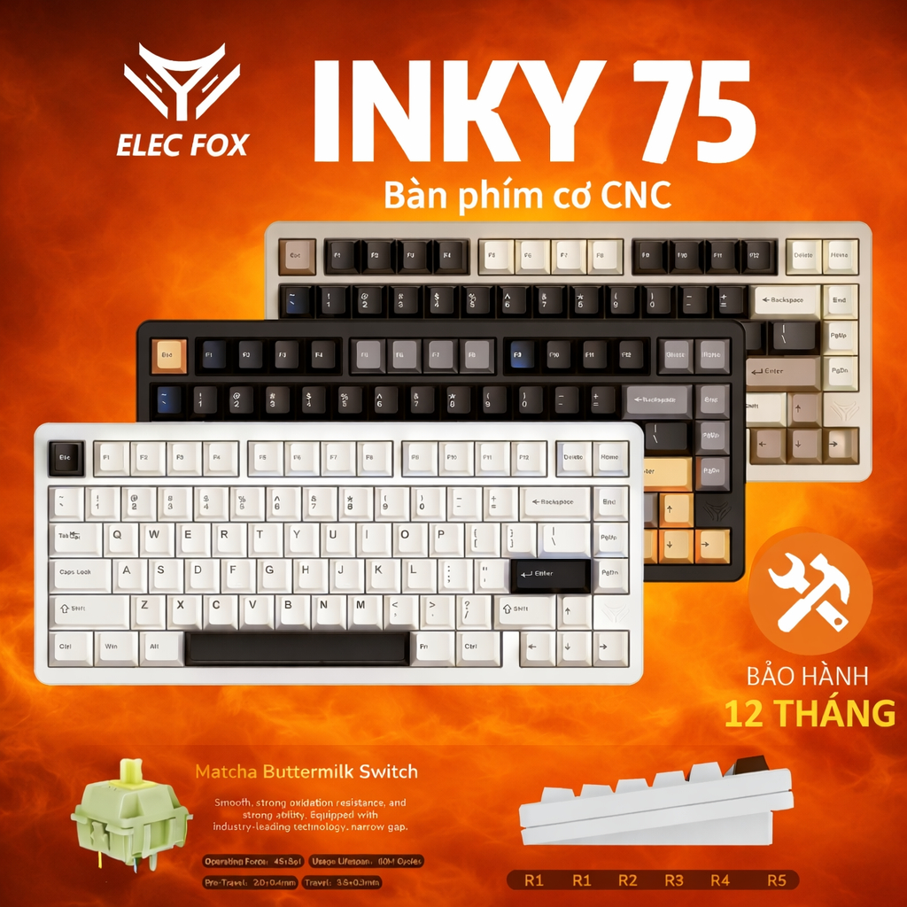 Bàn phím cơ ELECFOX INKY75 CNC không dây 3 mode Mạch Xuôi Hỗ trợ hotswap 5 pin LED RGB Có App