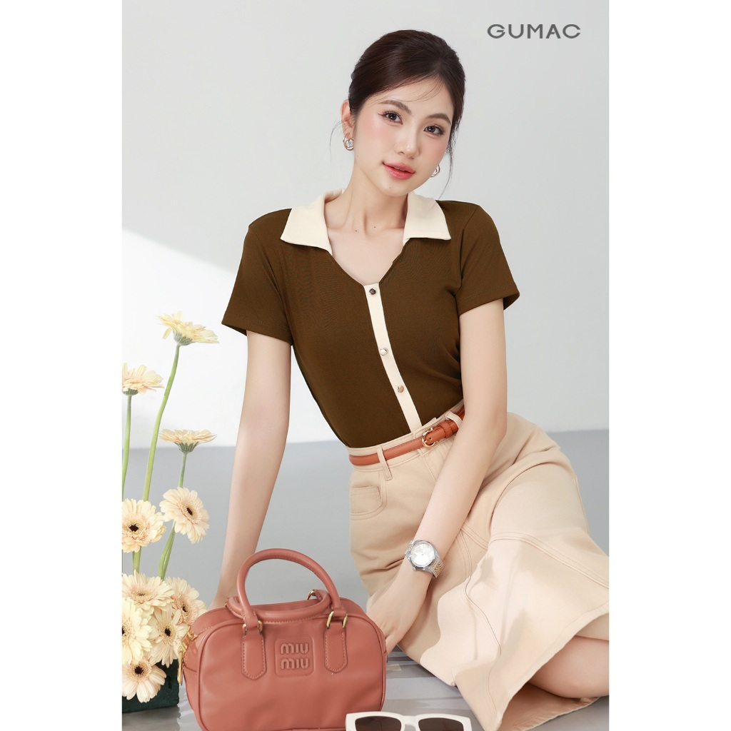 Áo Thun Polo Nữ GUMAC Form Slim Tay Ngắn Kiểu Cổ Tim Lá Cổ Phối Màu Trẻ Trung PLF03026