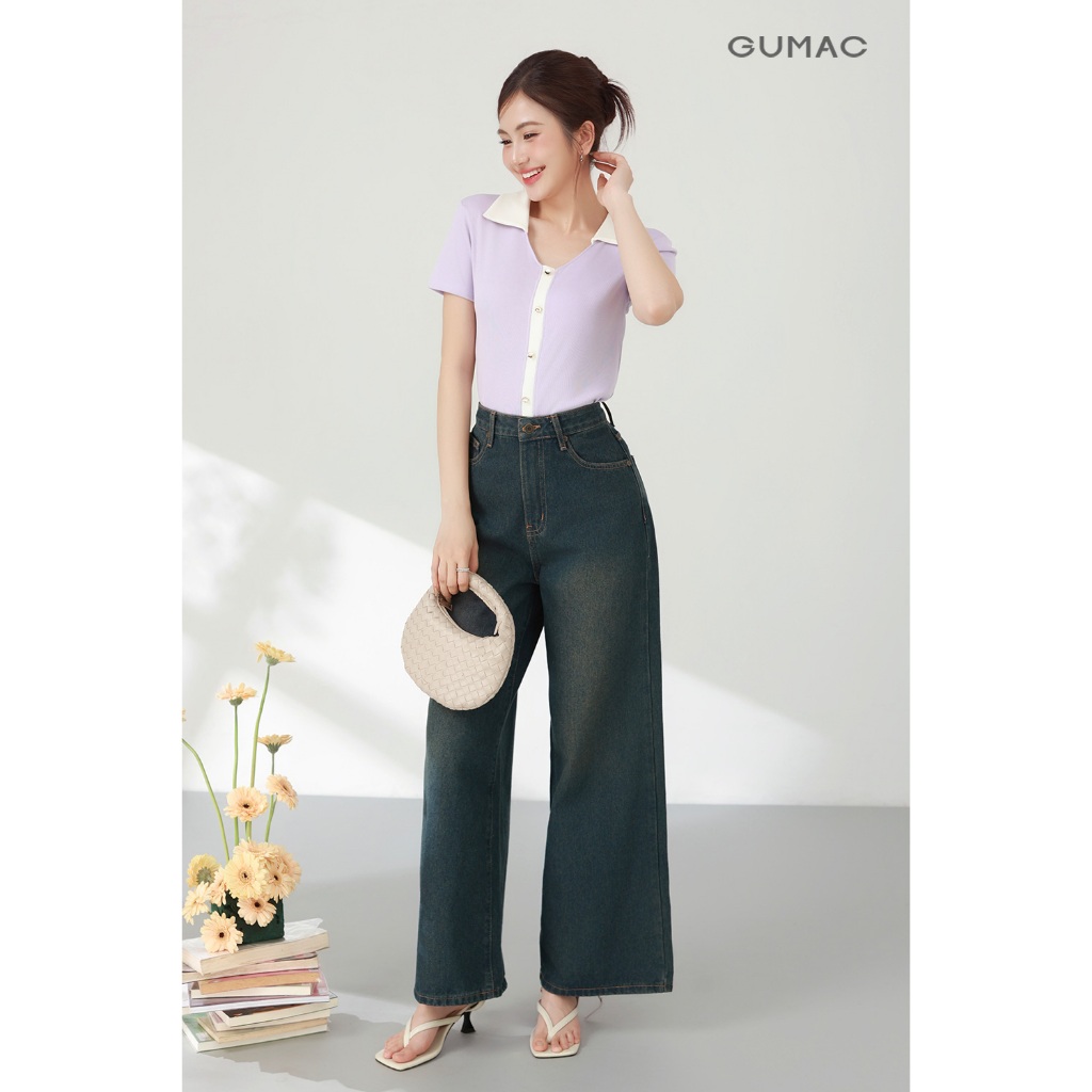 Áo Thun Polo Nữ GUMAC Form Slim Tay Ngắn Kiểu Cổ Tim Lá Cổ Phối Màu Trẻ Trung PLF03026