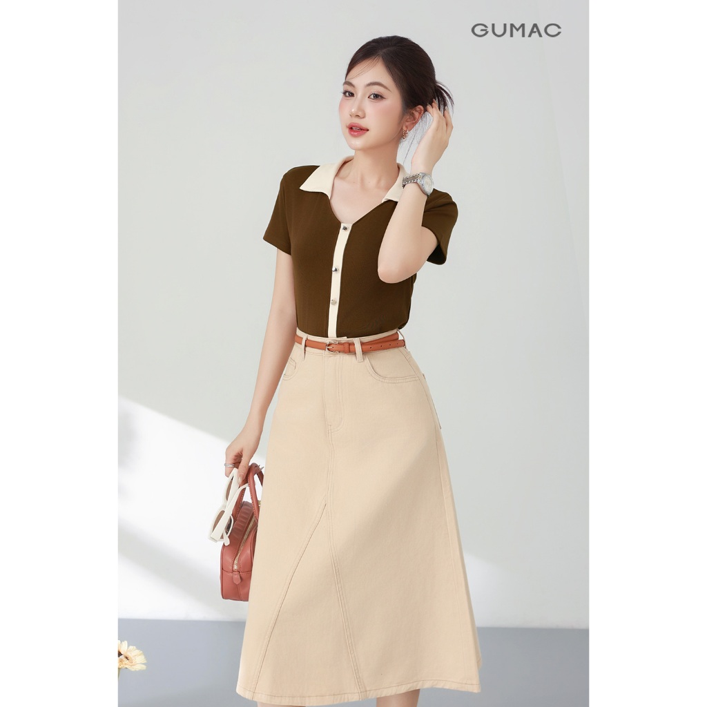 Áo Thun Polo Nữ GUMAC Form Slim Tay Ngắn Kiểu Cổ Tim Lá Cổ Phối Màu Trẻ Trung PLF03026