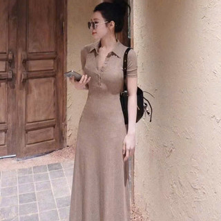 Váy Body Thun Trơn Cổ Polo Phối CúC Dáng Dài Đơn Giản Sang Chảnh Siêu Xinh