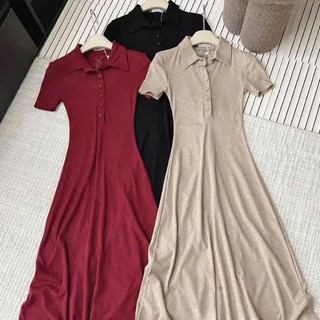 Váy Body Thun Trơn Cổ Polo Phối CúC Dáng Dài Đơn Giản Sang Chảnh Siêu Xinh