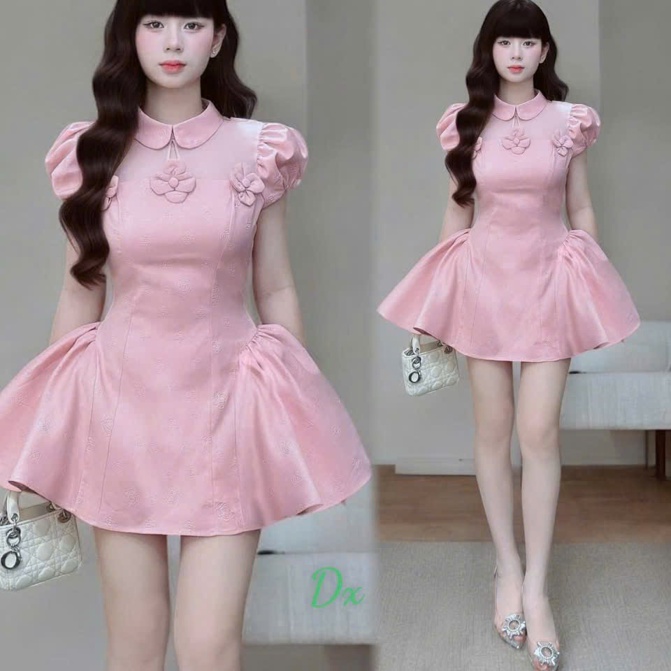 Đầm xược Hàn dáng xòe tiểu thư cổ peter tay phồng che bụng tôn dáng sang xịn hot trend