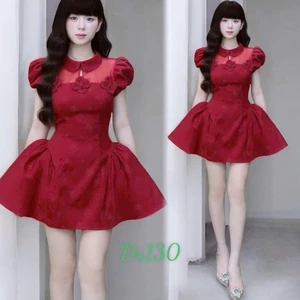 Đầm xược Hàn dáng xòe tiểu thư cổ peter tay phồng che bụng tôn dáng sang xịn hot trend