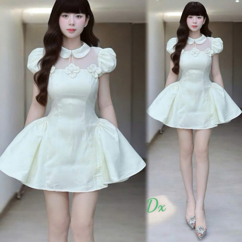 Đầm xược Hàn dáng xòe tiểu thư cổ peter tay phồng che bụng tôn dáng sang xịn hot trend