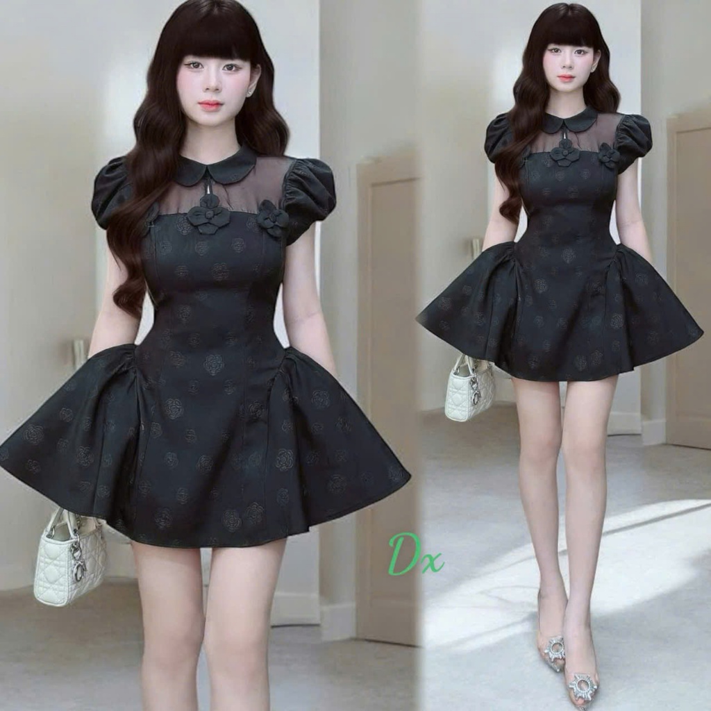 Đầm xược Hàn dáng xòe tiểu thư cổ peter tay phồng che bụng tôn dáng sang xịn hot trend