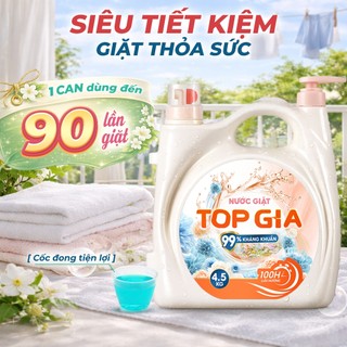 (Mua 1 Tặng 1) Nước Giặt Xả TopGia 2 Vòi Can 4.5KG, Lưu Hương 100H, Kháng Khuẩn 99% Thơm Dịu Nhẹ