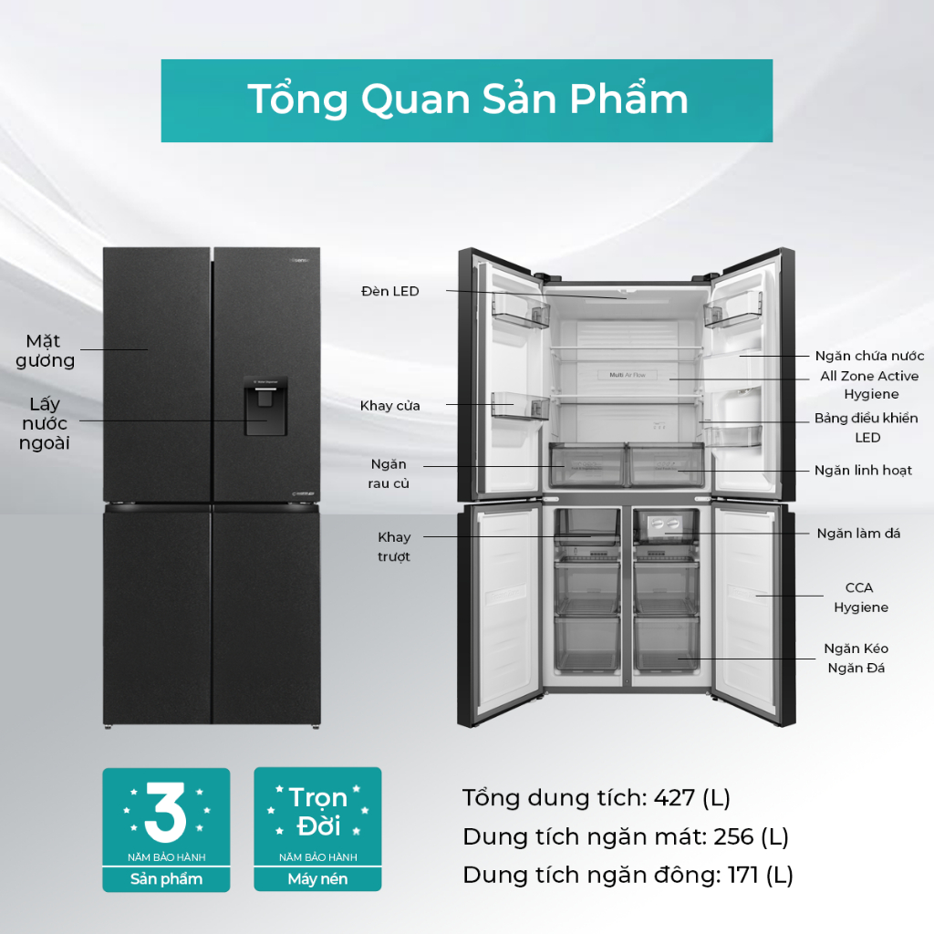 Tủ lạnh Hisense 4 Cửa Inverter 427L RQ559N4EBND - Tiết kiệm | Lấy nước ngoài | Khử mùi - BH 3 Năm - Miễn Phí Giao Hàng