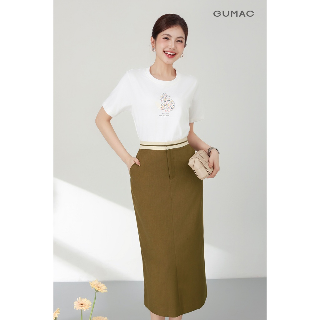 Chân váy nữ GUMAC suông lưng rời màu đen - nâu phối kem dày dặn giấu nút có túi  VF03037