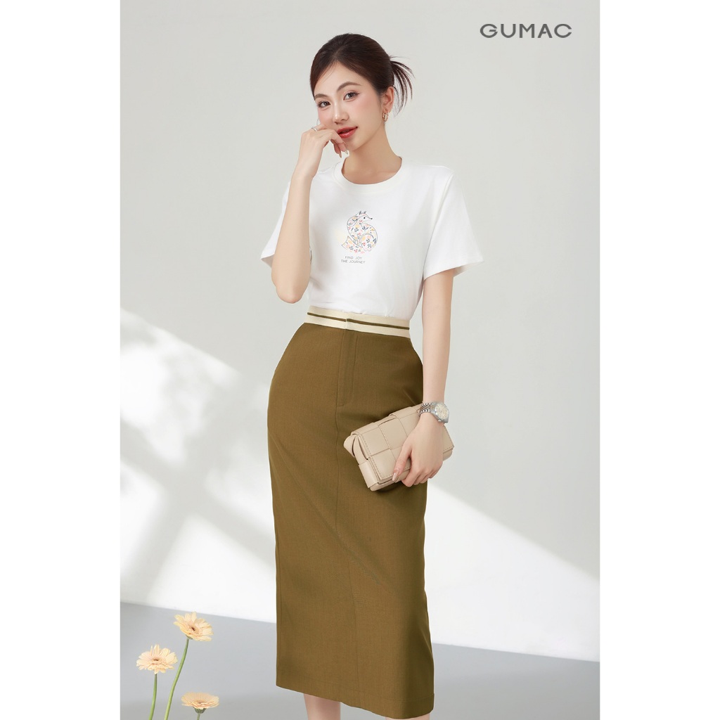 Chân váy nữ GUMAC suông lưng rời màu đen - nâu phối kem dày dặn giấu nút có túi  VF03037