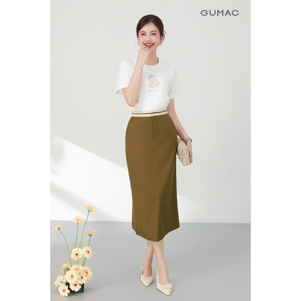 Chân váy nữ GUMAC suông lưng rời màu đen - nâu phối kem dày dặn giấu nút có túi  VF03037
