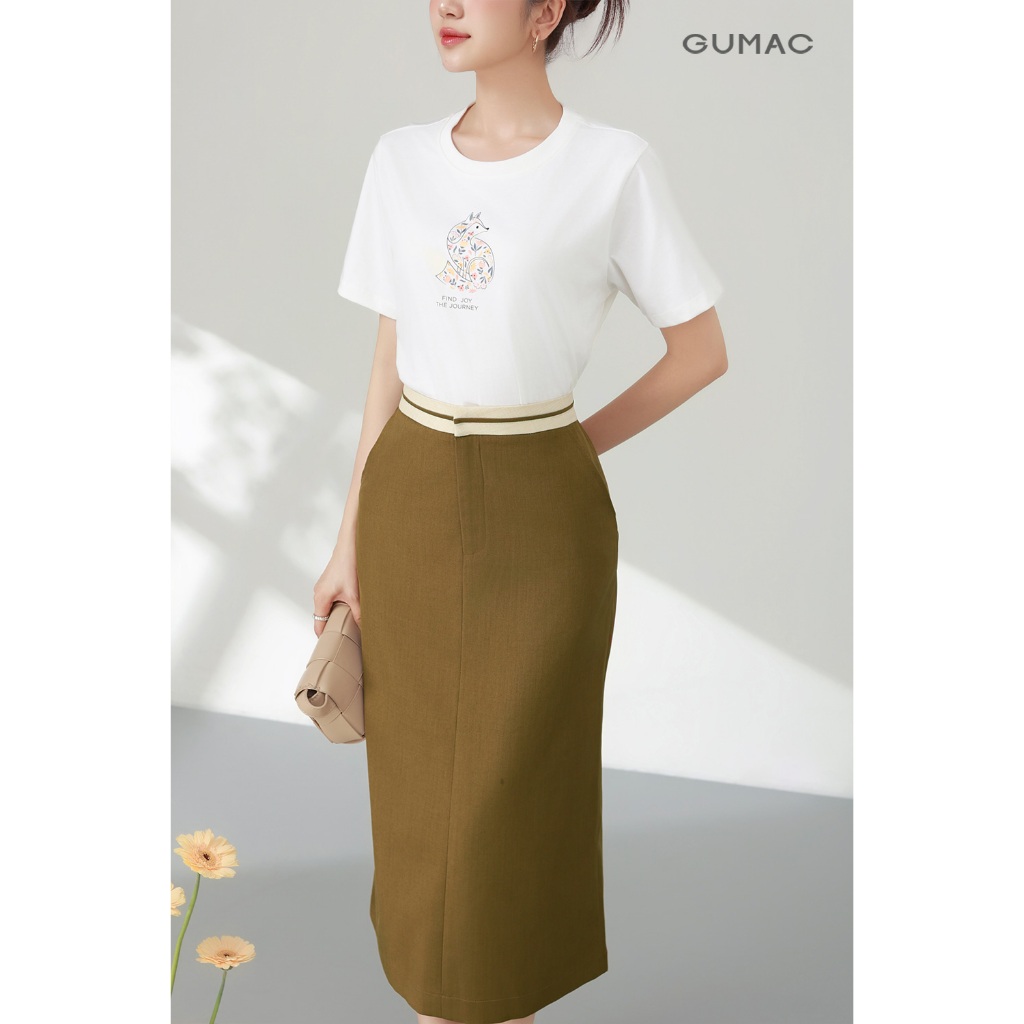 Chân váy nữ GUMAC suông lưng rời màu đen - nâu phối kem dày dặn giấu nút có túi  VF03037