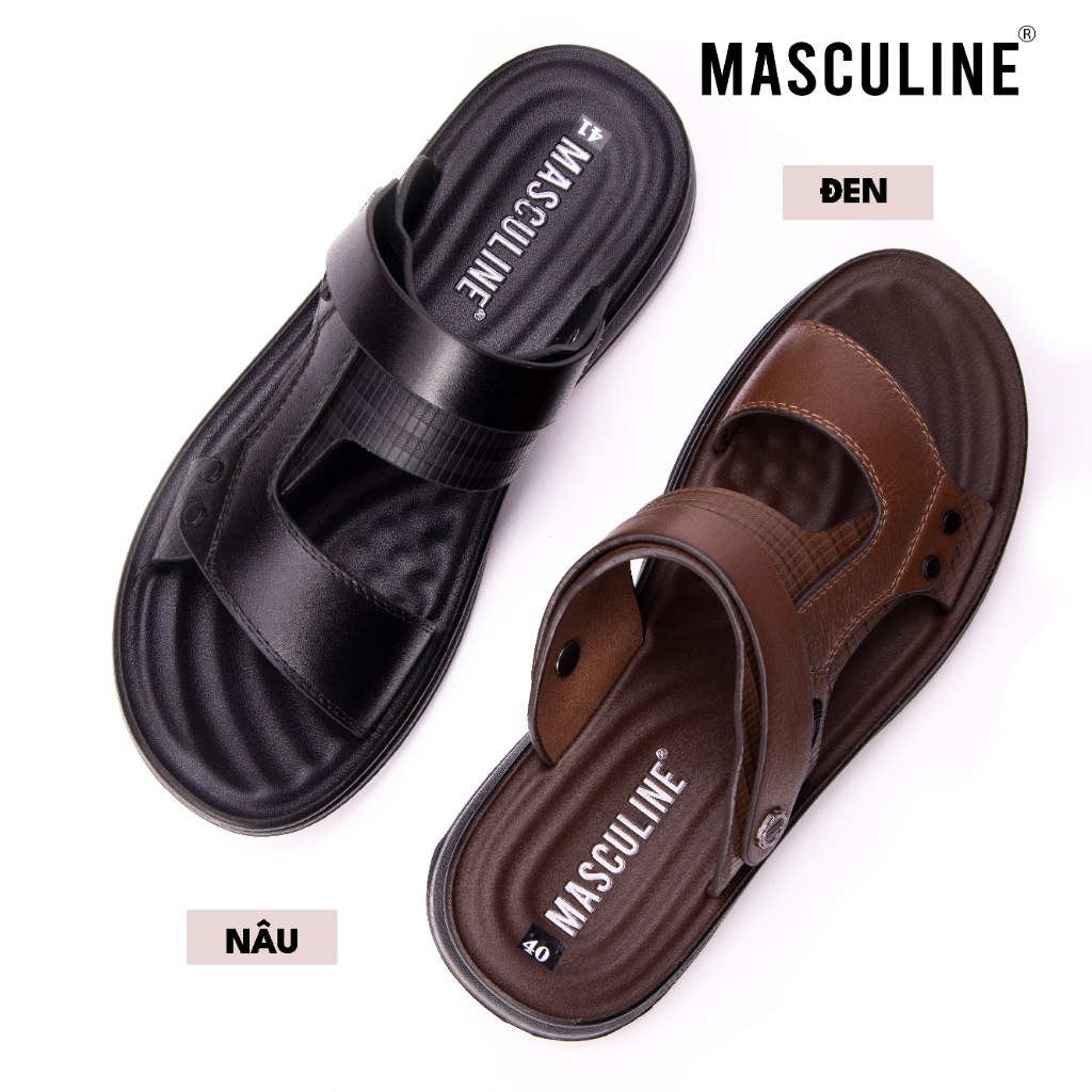 Dép nam trung niên Masculine MDL607 Da bò thật quai chéo có hậu đế PU bền chắc chống trượt