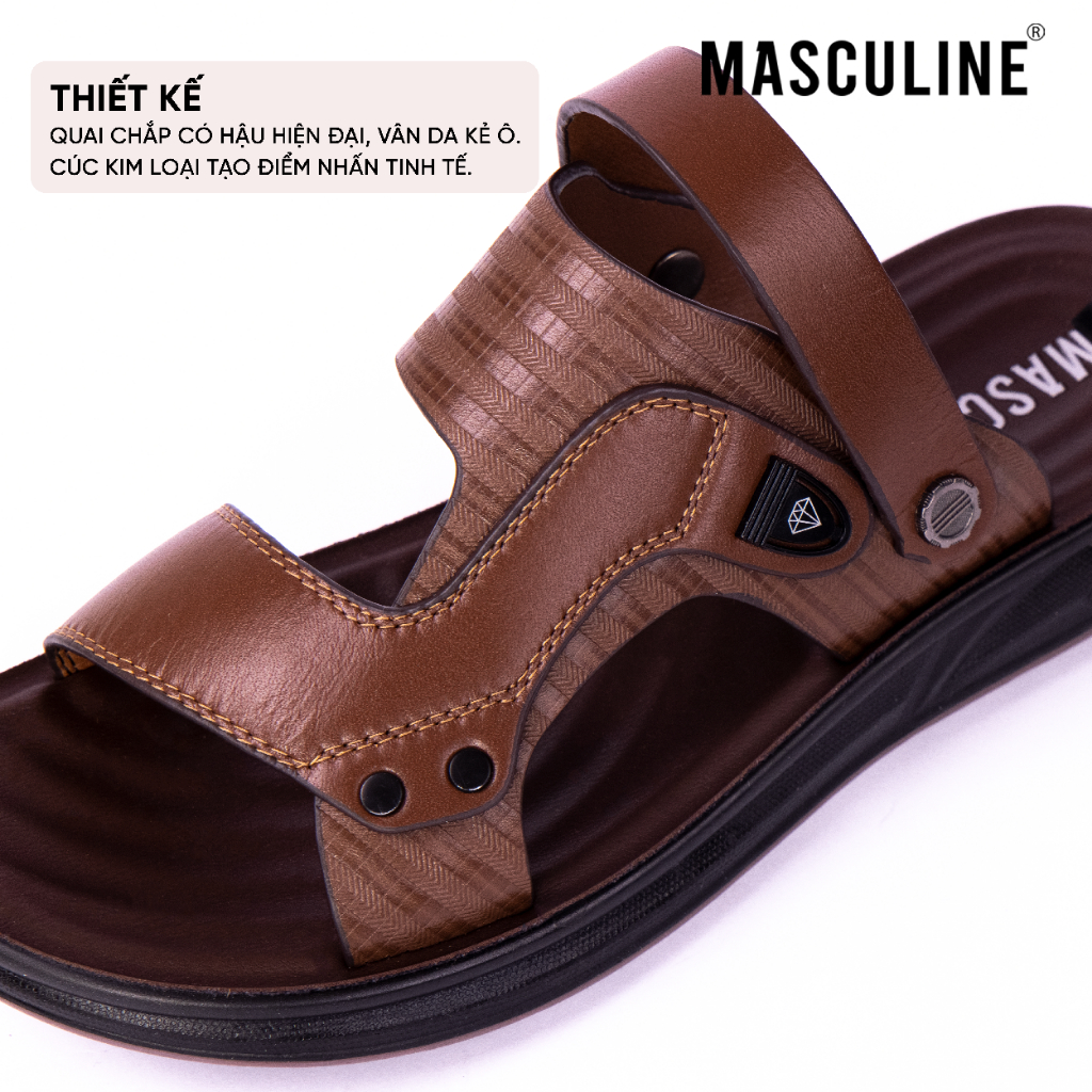 Dép nam trung niên Masculine MDL607 Da bò thật quai chéo có hậu đế PU bền chắc chống trượt