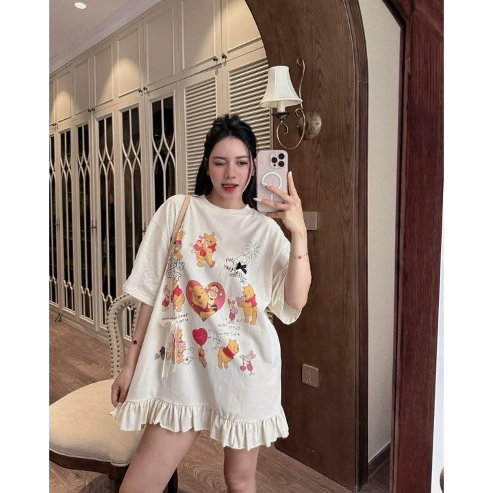 Váy nữ, đầm nữ DONNA HCOM26119 cổ tròn dáng suông viền bèo in hình gấu dễ thương