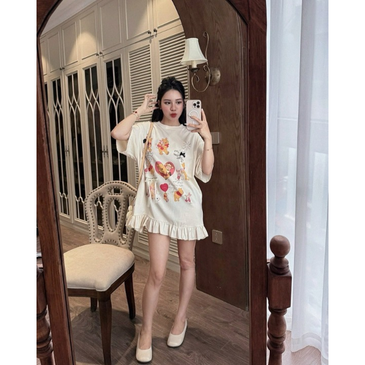 Váy nữ, đầm nữ DONNA HCOM26119 cổ tròn dáng suông viền bèo in hình gấu dễ thương