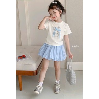 [B&G] Sét váy áo thun cotton kèm chân váy xanh dễ thương cho bé gái từ 10-45kg