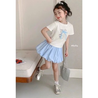 [B&G] Sét váy áo thun cotton kèm chân váy xanh dễ thương cho bé gái từ 10-45kg