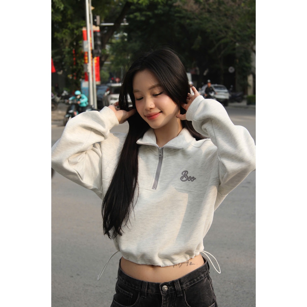 Áo HalfZip Boo Crop Danh Cho Nữ Chất Liệu Nỉ