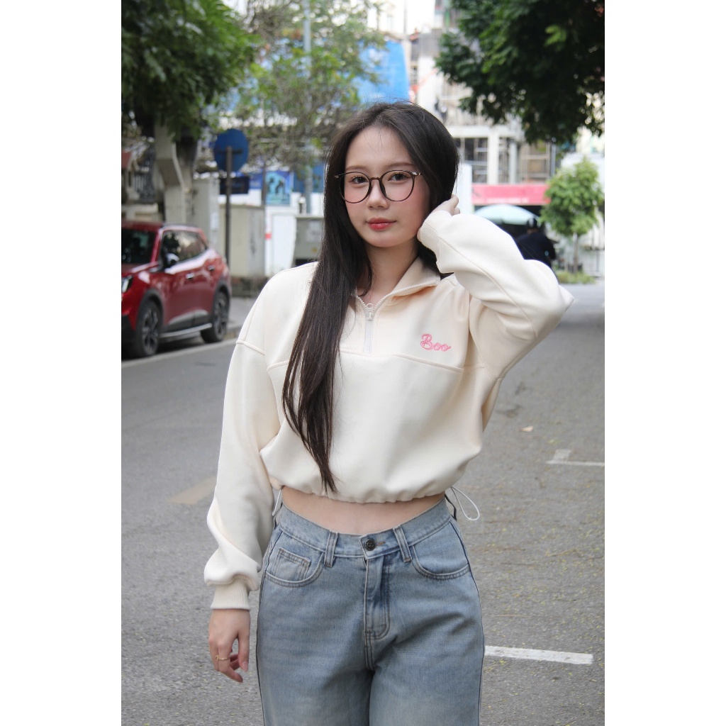 Áo HalfZip Boo Crop Danh Cho Nữ Chất Liệu Nỉ