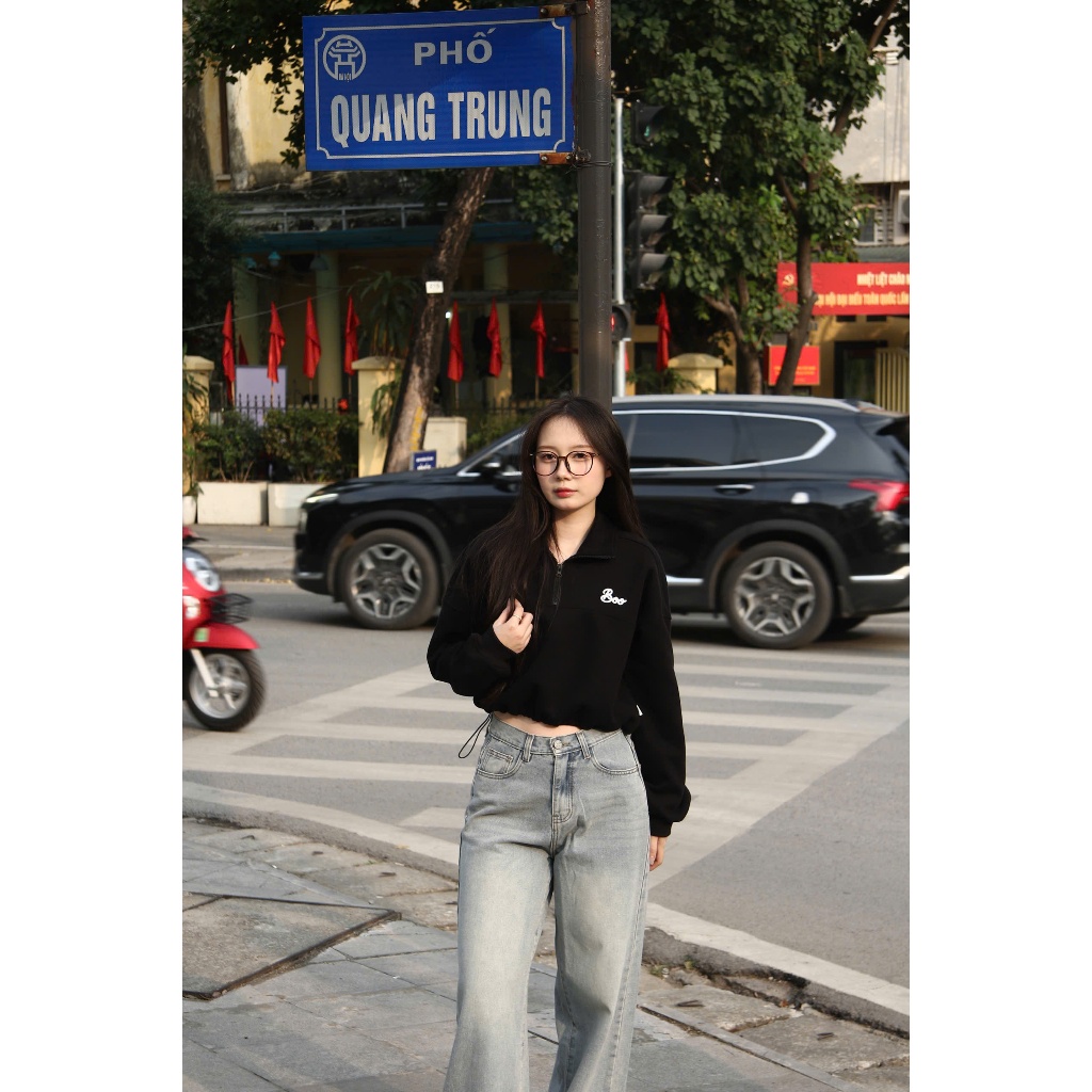 Áo HalfZip Boo Crop Danh Cho Nữ Chất Liệu Nỉ