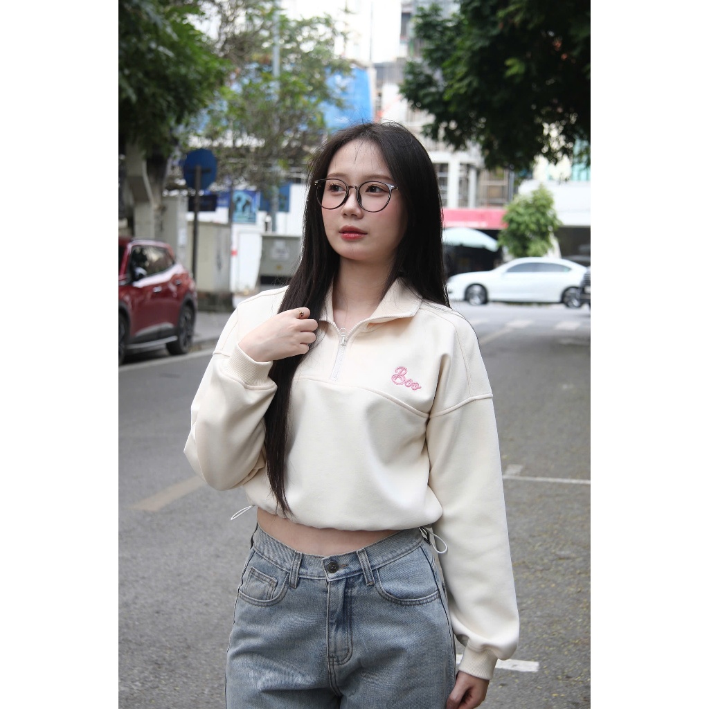 Áo HalfZip Boo Crop Danh Cho Nữ Chất Liệu Nỉ