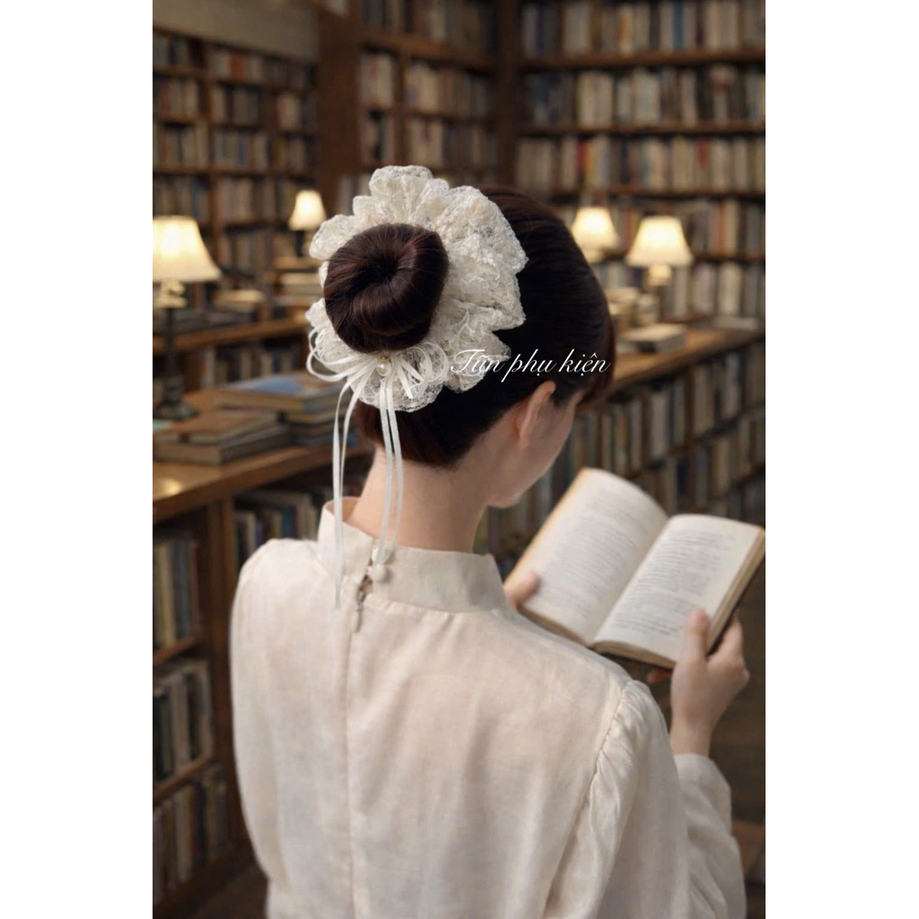 Cột scrunchies size 18cm - Mẫu ren thêu cao cấp - mẫu nhún phồng  bồng bềnh xinh xắn