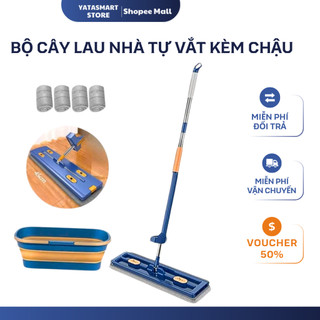 Bộ Chổi Lau Nhà tự vắt Kèm Chậu gấp gọn YATASMART + 4 Miếng bông lau Lau
