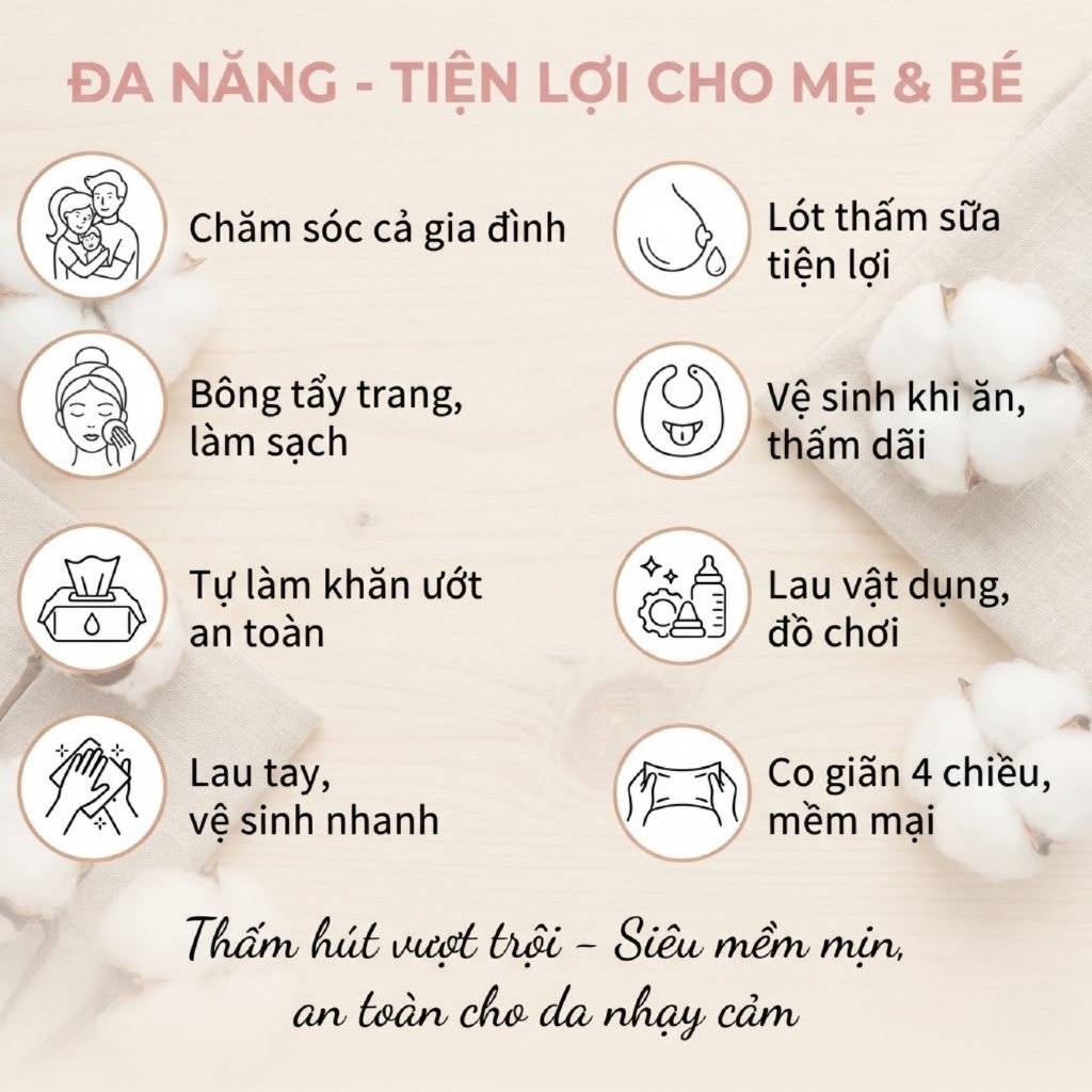 Khăn Khô Đa Năng BABIONE Boni Khăn Vải Không Dệt Dùng Một Lần Mềm Mại An Toàn Da Bé 300/350/500gr